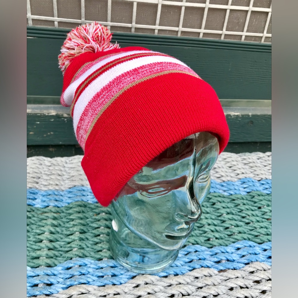 Vintage CITY HUNTER Red Acrylic Woven Hat Large Oversized Pompom Hat One Size